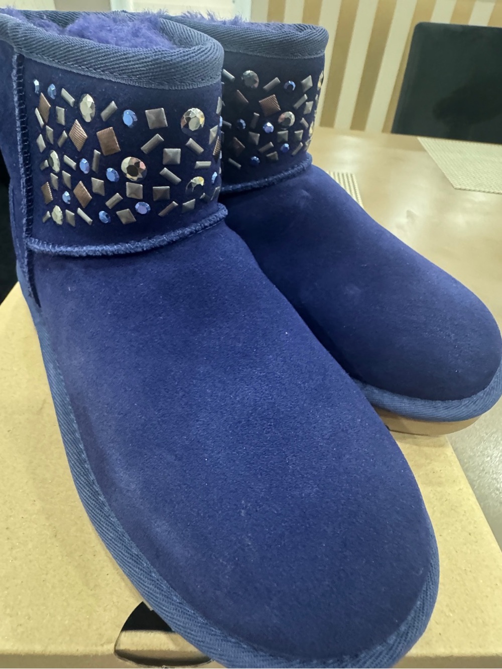 UGG Navy Blue Suede Short Boots with Studded Crystal Cuff